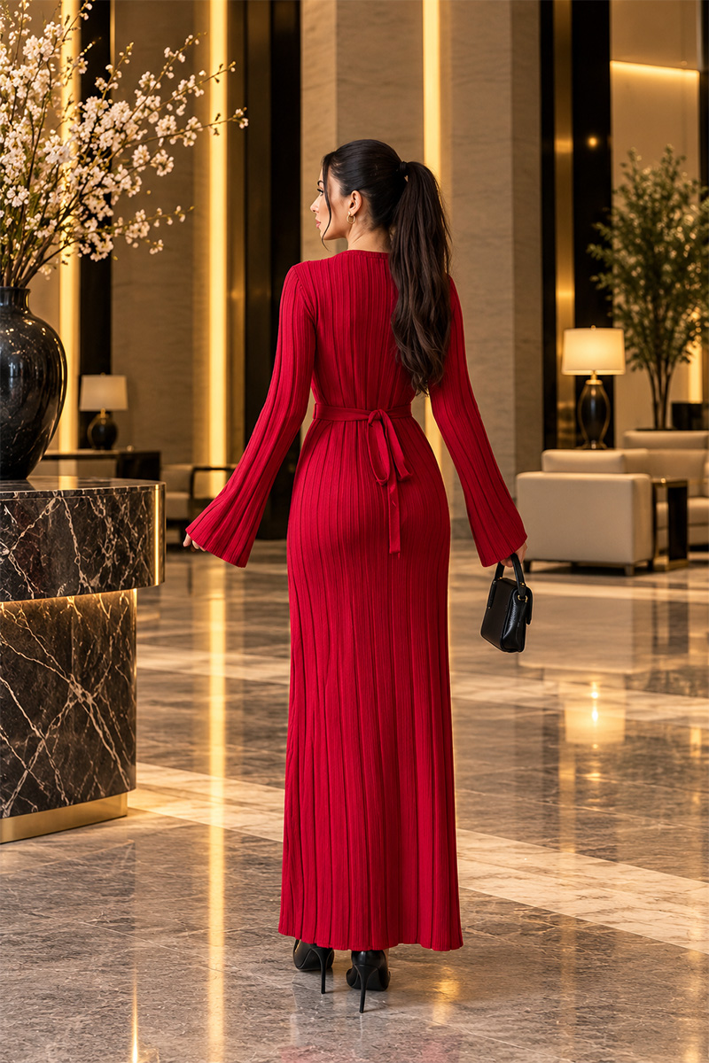 Valentina Ribbed Maxi Dress - Red - Image 2