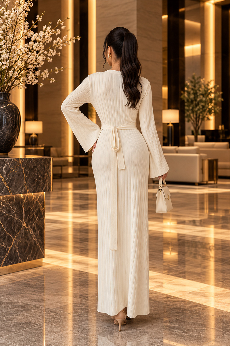 Valentina Ribbed Maxi Dress - Ecru - Image 3