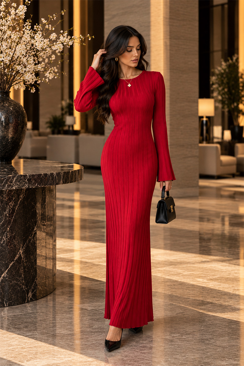 Valentina Ribbed Maxi Dress - Red - Image 3